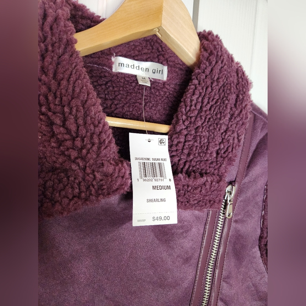NWT Madden Girl Faux Shearling Moto Vest - Plum, Sugar Beat, Size Medium - Picture 4 of 7